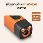 תקריב של ראש המכשיר: רמקול אולטרסוני ושתי נורות LED. 3 מצבי תדר, 2 נורות LED, לחיצה אחת