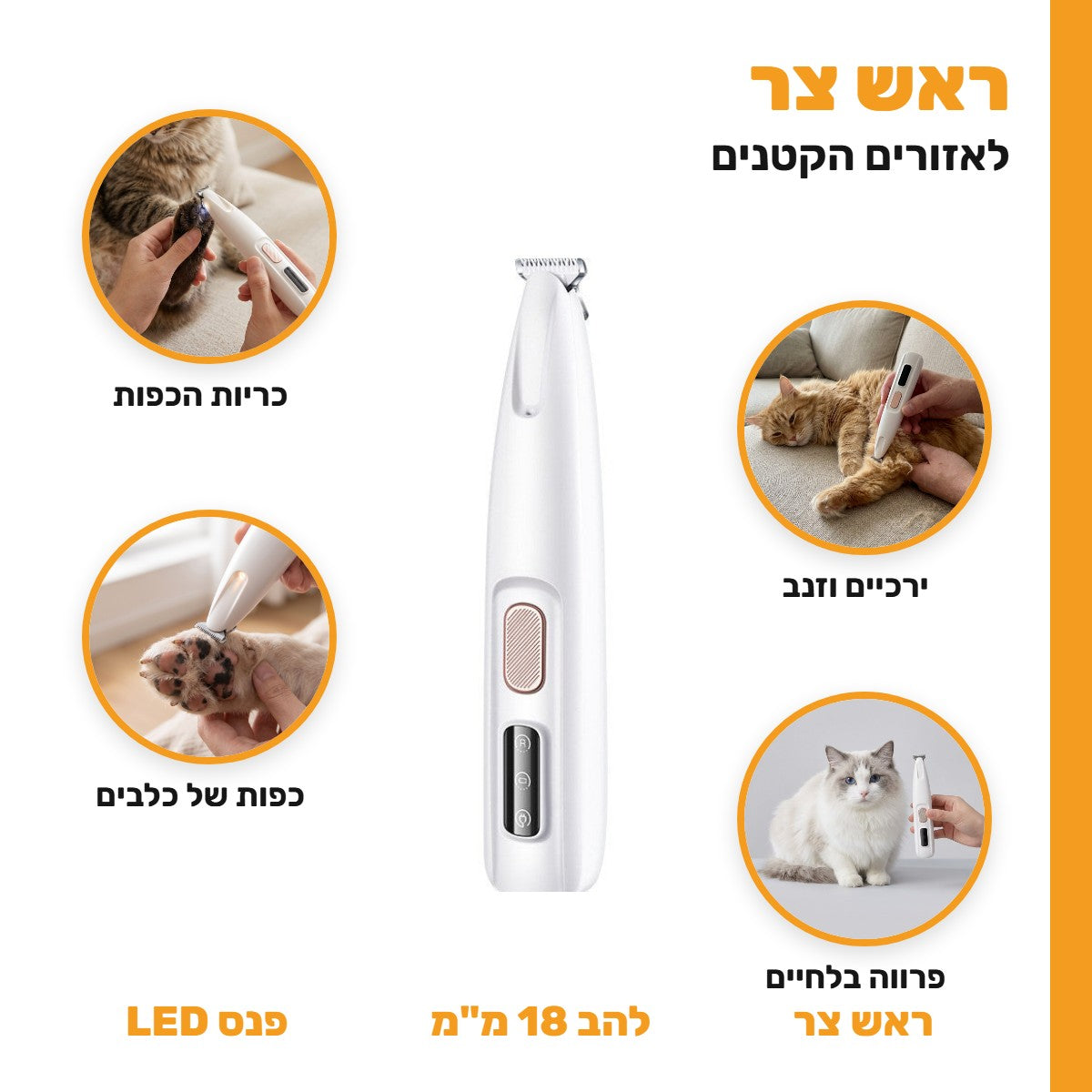 ראש צר לאזורים הקטנים: כריות הכפות, ירכיים וזנב, כפות של כלבים ופרווה בלחיים