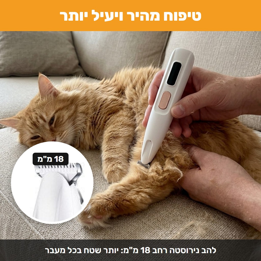 מקצרים את הפרווה ברגל של חתול ג׳ינג׳י, ותקריב של הלהב הרחב 18 מ״מ